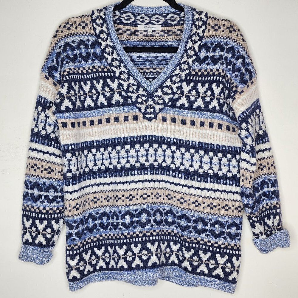 Madewell Forrest Fair Isle Wool Blend Blue Winter V Neck Sweater #MC011, sz XS
